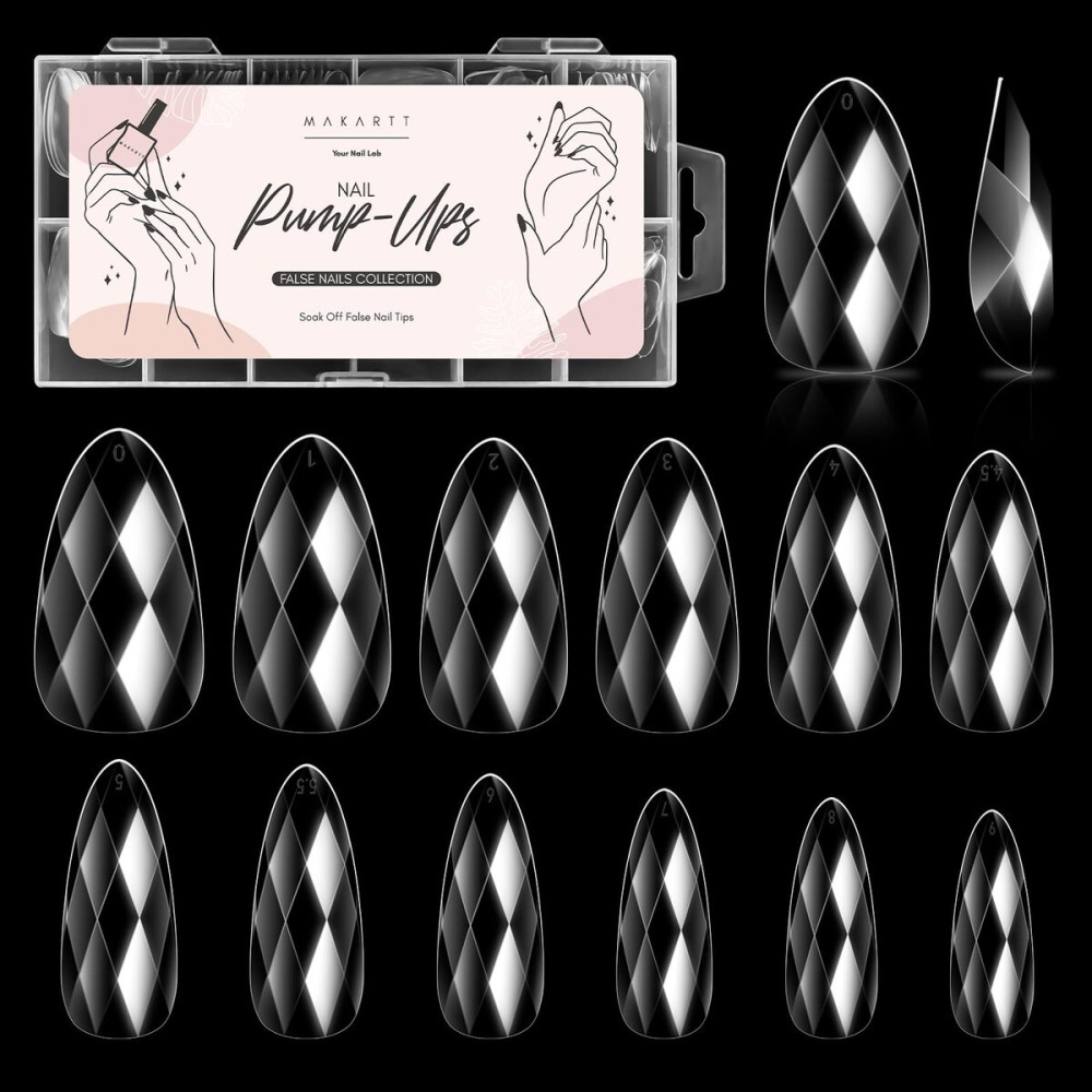 Makartt Short Almond Soft Gel Nail Tips: 120pcs 3D Diamond-Shaped Fake Nails Extension, 12 Sizes Full Cover Clear Press-On Tip, Natural Rhombus Lattice, Suit for Chrome Nail Powder