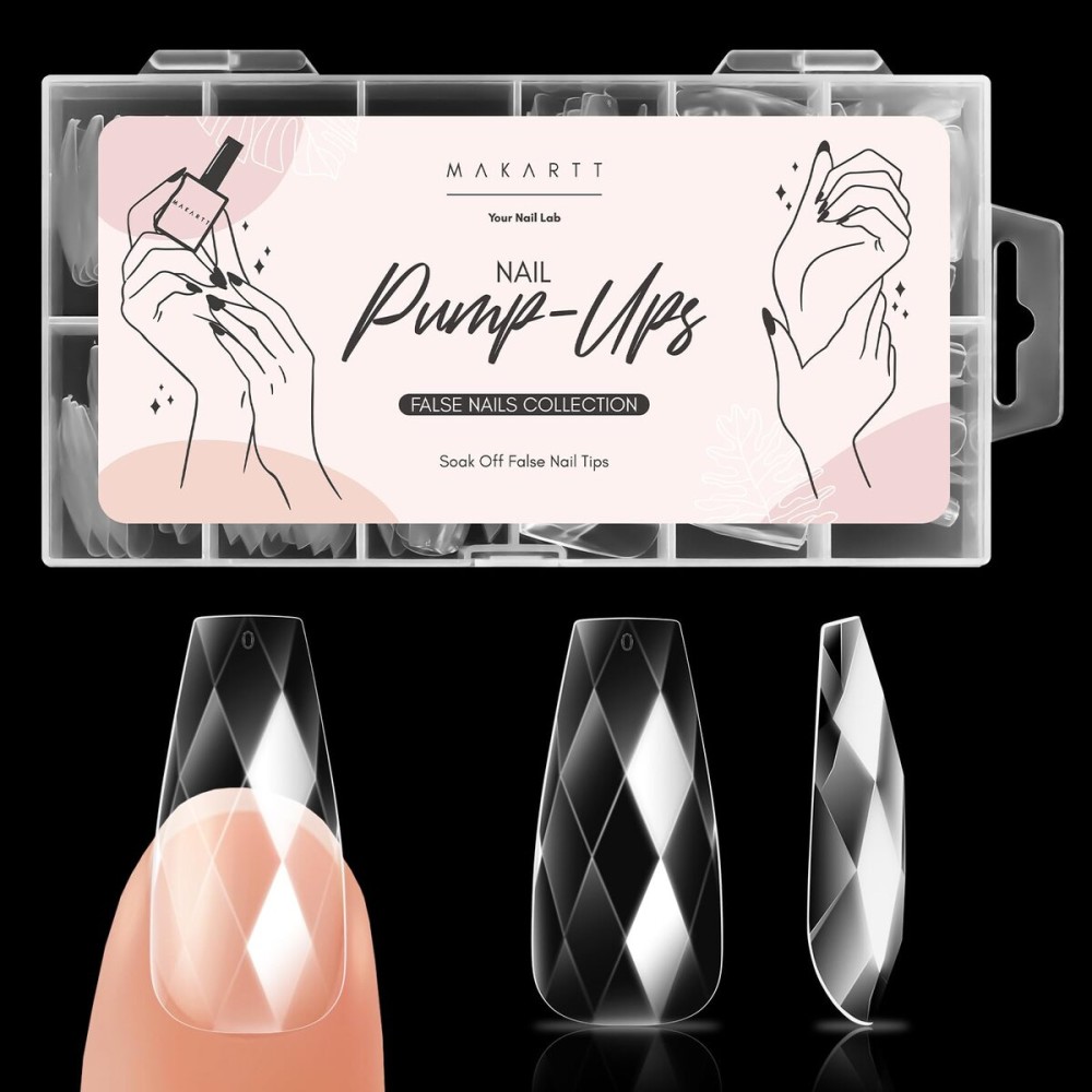 Makartt Medium Coffin Soft Gel Nail Tips: 120pcs 3D Diamond-Shaped Fake Nails Extension, 12 Sizes Full Cover Clear Press-On Tip, Natural Rhombus Lattice, Suit for Chrome Nail Powder