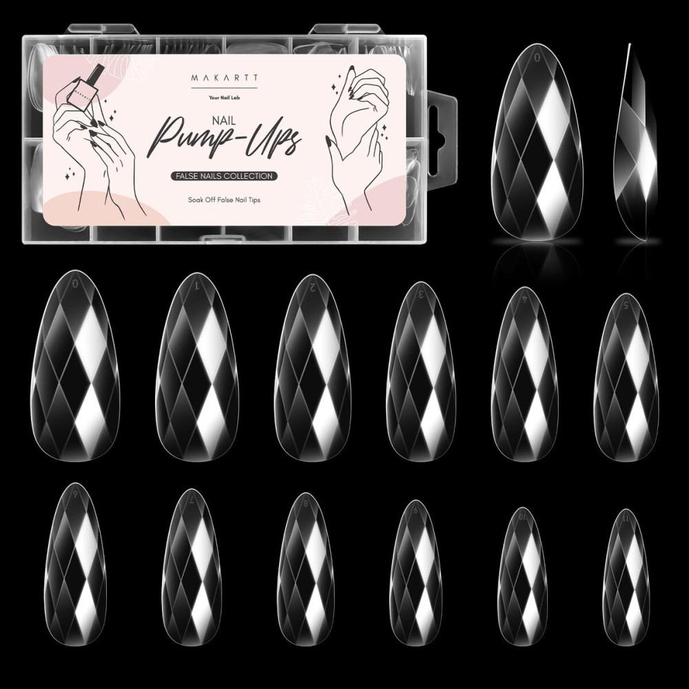 Makartt Medium Almond Soft Gel Nail Tips: 120pcs 3D Diamond-Shaped Fake Nails Extension, 12 Sizes Full Cover Clear Press-On Tip, Natural Rhombus Lattice, Suit for Chrome Nail Powder