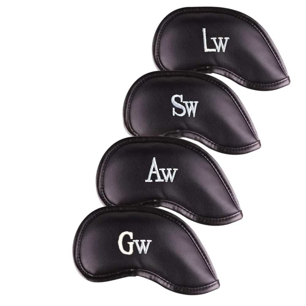 All Teed Up Premium Magnetic Leather Iron and Wedge Golf Club Head Covers | Set of 10 | Fits Most Clubs | Embroidered Club Label on Both Sides of Club Head Cover (Aw,Gw,Sw,Lw (Set of 4 Covers))