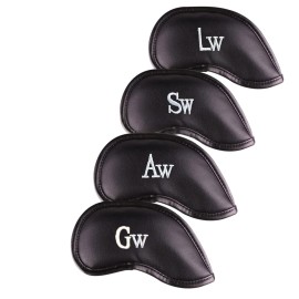 All Teed Up Premium Magnetic Leather Iron and Wedge Golf Club Head Covers | Set of 10 | Fits Most Clubs | Embroidered Club Label on Both Sides of Club Head Cover (Aw,Gw,Sw,Lw (Set of 4 Covers))