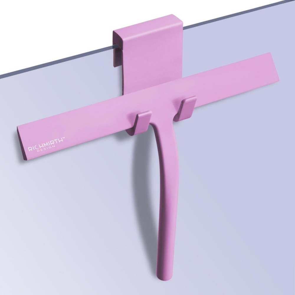 Shower Squeegee with Silicone Hook, 11 Inch Width All Purpose Squeegee Wiper for Shower Glass Doors Bathroom Mirror Tiles Car Window Cleaner Tool - Pink