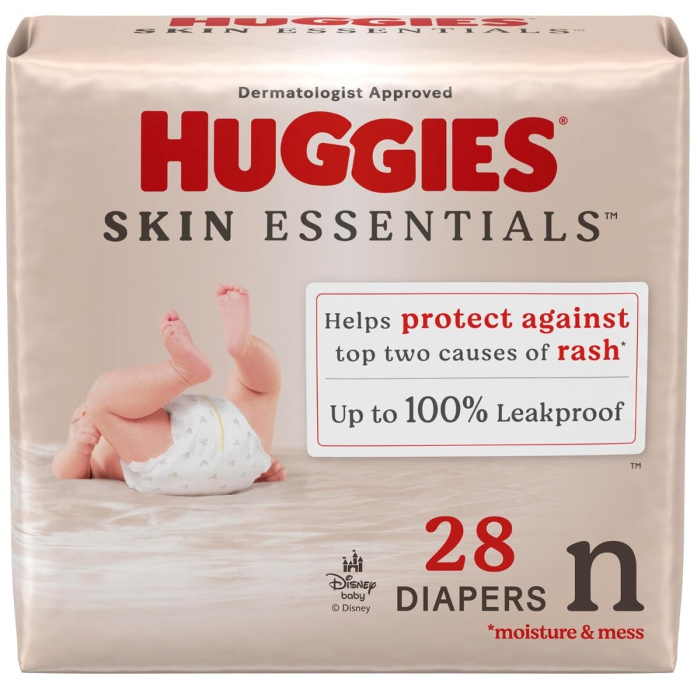 Huggies Size Newborn Diapers, Skin Essentials Baby Diapers, Size Newborn (6-9 lbs), 28 Count, Packaging May Vary