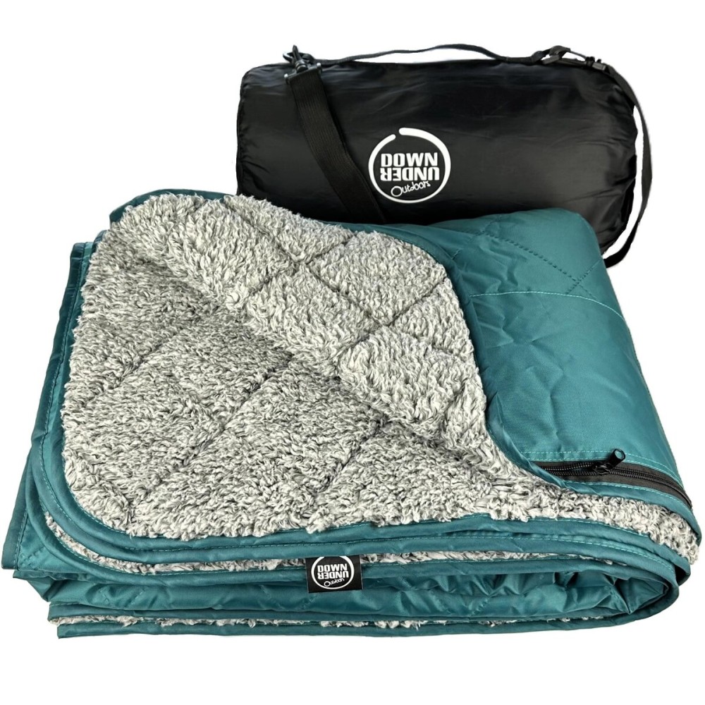 DOWN UNDER OUTDOORS Large Waterproof Windproof Extra Thick 340 GSM Quilted Sherpa Fleece Stadium Blanket, Machine Washable Camping Picnic & Outdoor, Beach, Dog, 82 x 55 (Teal/Heather Grey)
