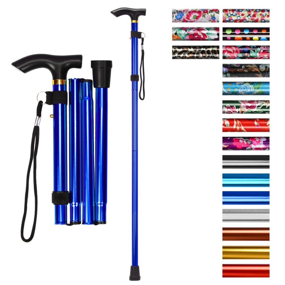 supregear Folding Cane, 5-Level Adjustable Height Walking Stick Lightweight Collapsible Portable Travel Cane with Wrist Strap and T Handle for Elderly Disabled Men Women, Dark Blue