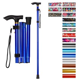 supregear Folding Cane, 5-Level Adjustable Height Walking Stick Lightweight Collapsible Portable Travel Cane with Wrist Strap and T Handle for Elderly Disabled Men Women, Dark Blue