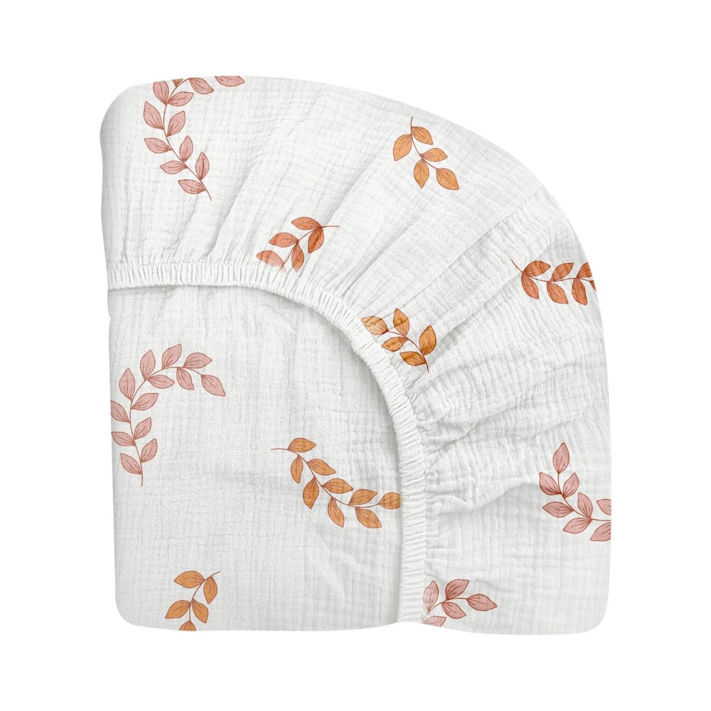 Pack and Play Sheets for Baby Boys and Girls 39x27x3, Neutral Muslin Cotton Pack N Play Mattresses Sheet with Boho Style, Soft and Breathable Comfort (Leaf)