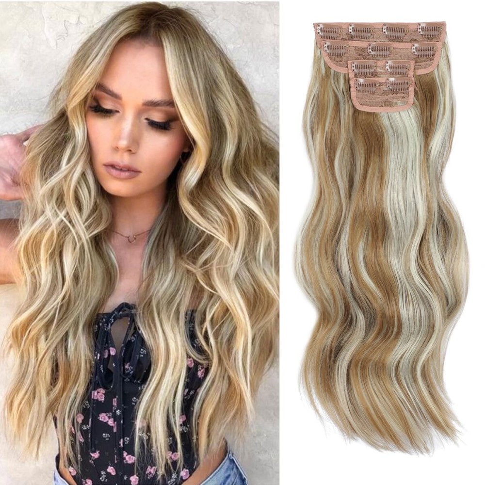 Vigorous Clip in Hair Extensions 4Pcs Blonde mix Platinum Blonde Hair Extensions Clip Ins 20Inch Natural Soft Synthetic Hairpieces for Women