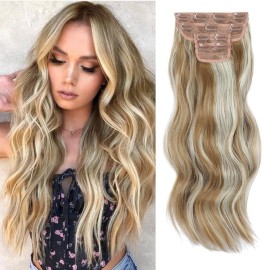 Vigorous Clip in Hair Extensions 4Pcs Blonde mix Platinum Blonde Hair Extensions Clip Ins 20Inch Natural Soft Synthetic Hairpieces for Women