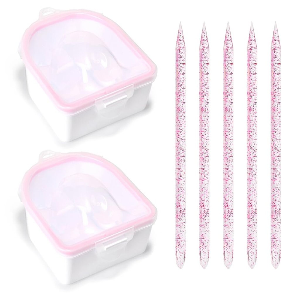 Rolabling Nail Soaking Bowl Set 2PCS Nail Soak Off Bowl with 5PCS Acrylic Sticks Nail Cuticle Pusher Manicure Remover Tool Kit (7, Pink)