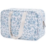 Narwey Full Size Toiletry Bag Women Large Cosmetic Bag Travel Floral Makeup Bag Organizer Medicine Bag for Toiletries Essentials Accessories (Little Blue Flower,Large)