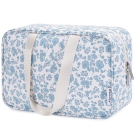Narwey Full Size Toiletry Bag Women Large Cosmetic Bag Travel Floral Makeup Bag Organizer Medicine Bag for Toiletries Essentials Accessories (Little Blue Flower,Large)