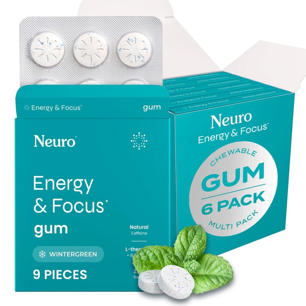 Neuro Energy & Focus Gum - 40mg Natural Caffeine Gum & Nootropic Energy Supplement with L-Theanine & B Vitamins - Sugar Free, Vegan - Wintergreen, 54ct