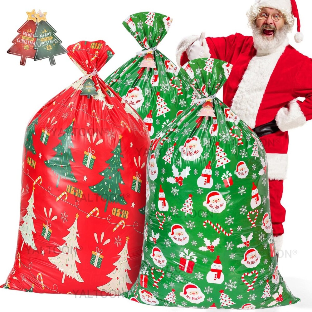 Large Christmas Gift Bags, 3PCS 56X 36 Jumbo Extra Large Gift Bag, XL Christmas Bags for Wrapping Oversized Giant Huge Gifts, Xmas Santa Big Holiday Gift Bag, XXL Plastic Gift Bags for Presents