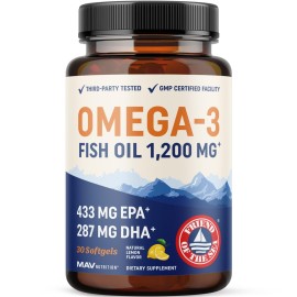 Triple Strength Omega 3 Fish Oil 1200 mg | EPA & DHA | Wild Caught, Sustainably Sourced Omega-3 Fatty Acids | Premium Burpless Fish Oil Supplements | Non-GMO, Third-Party Tested | 30 Softgels