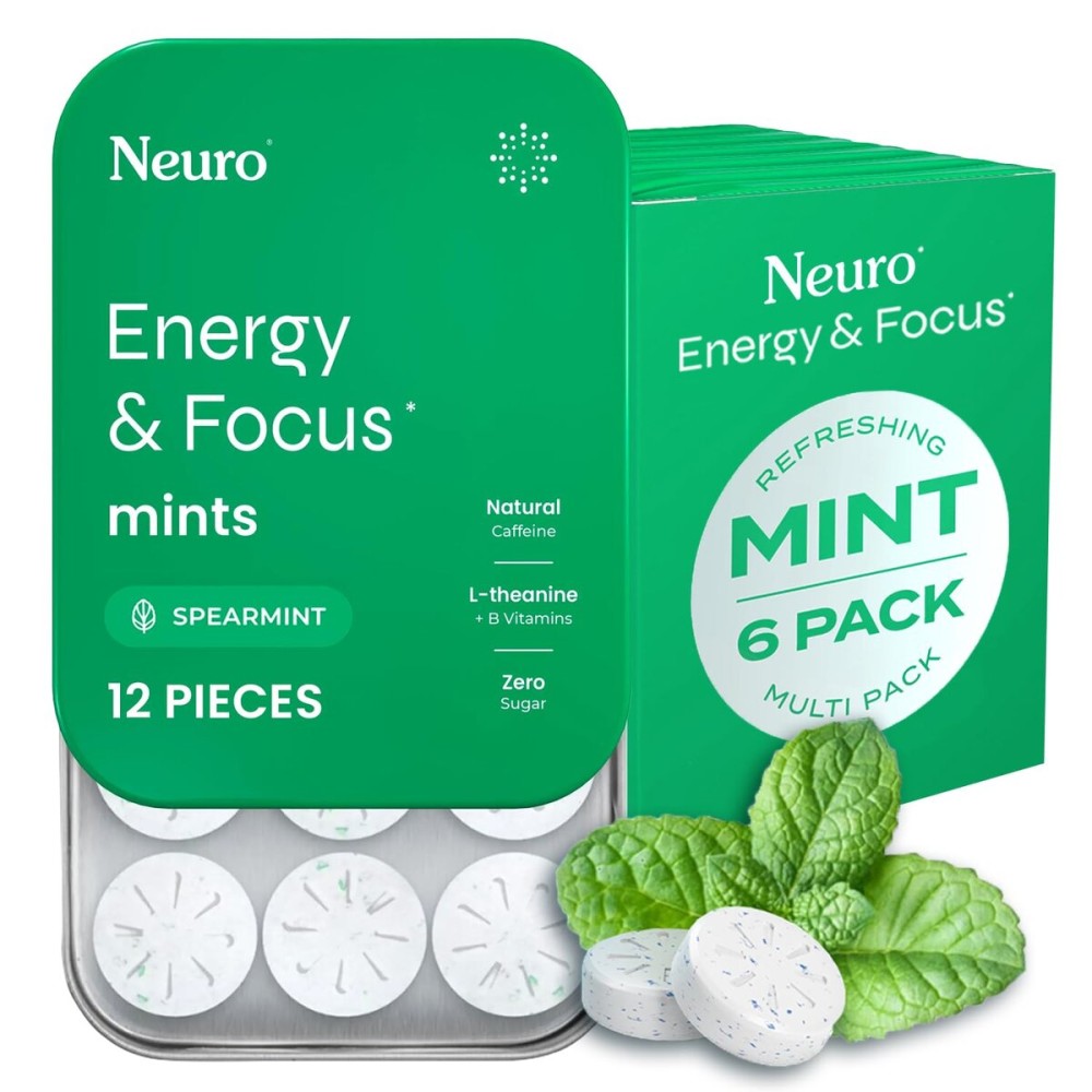 Neuro Energy & Focus Mints - Sugar Free Breath Mints with 80mg Natural Caffeine, B Vitamins & L-Theanine - Vegan Brain Supplement for Exercise, Study & Daily Focus - Spearmint, 72 ct