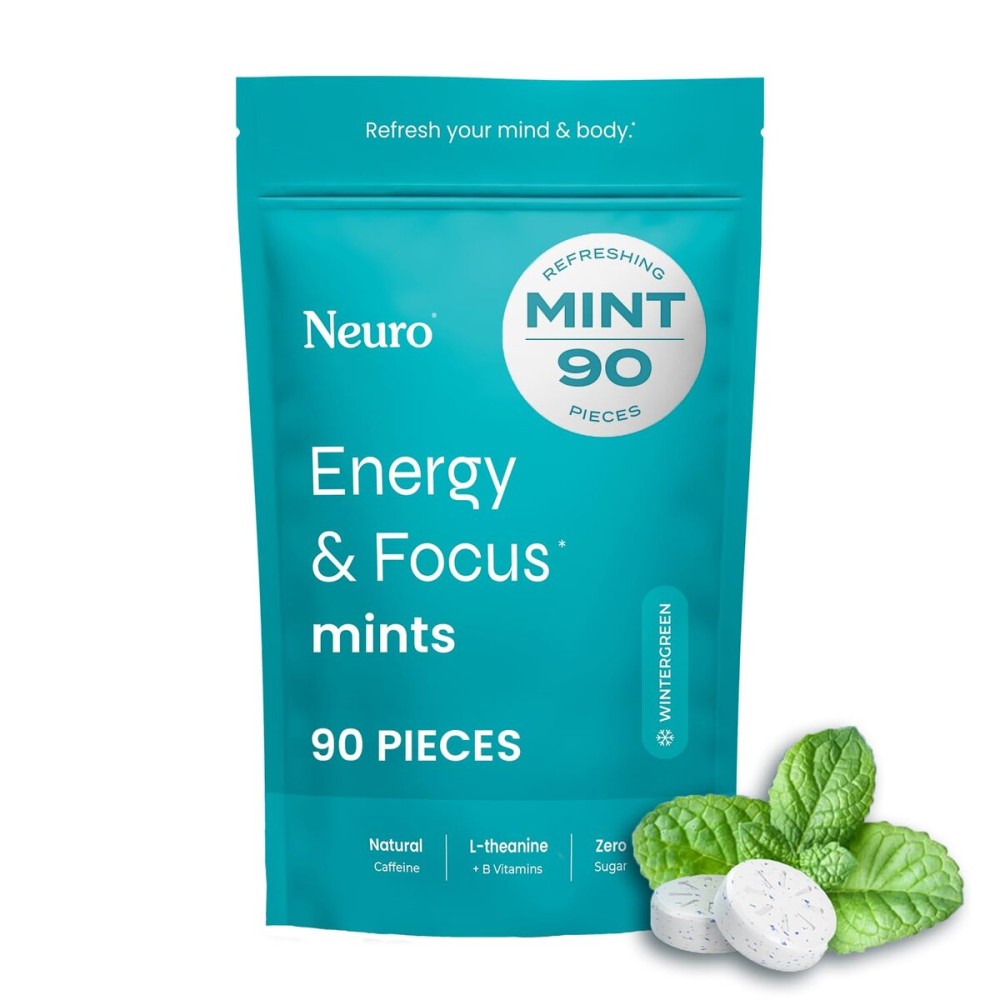 Neuro Energy & Focus Mints - Sugar Free Breath Mints with 80mg Natural Caffeine, B Vitamins & L-Theanine - Vegan Brain Supplement for Exercise, Study & Daily Focus - Wintergreen, 90 ct
