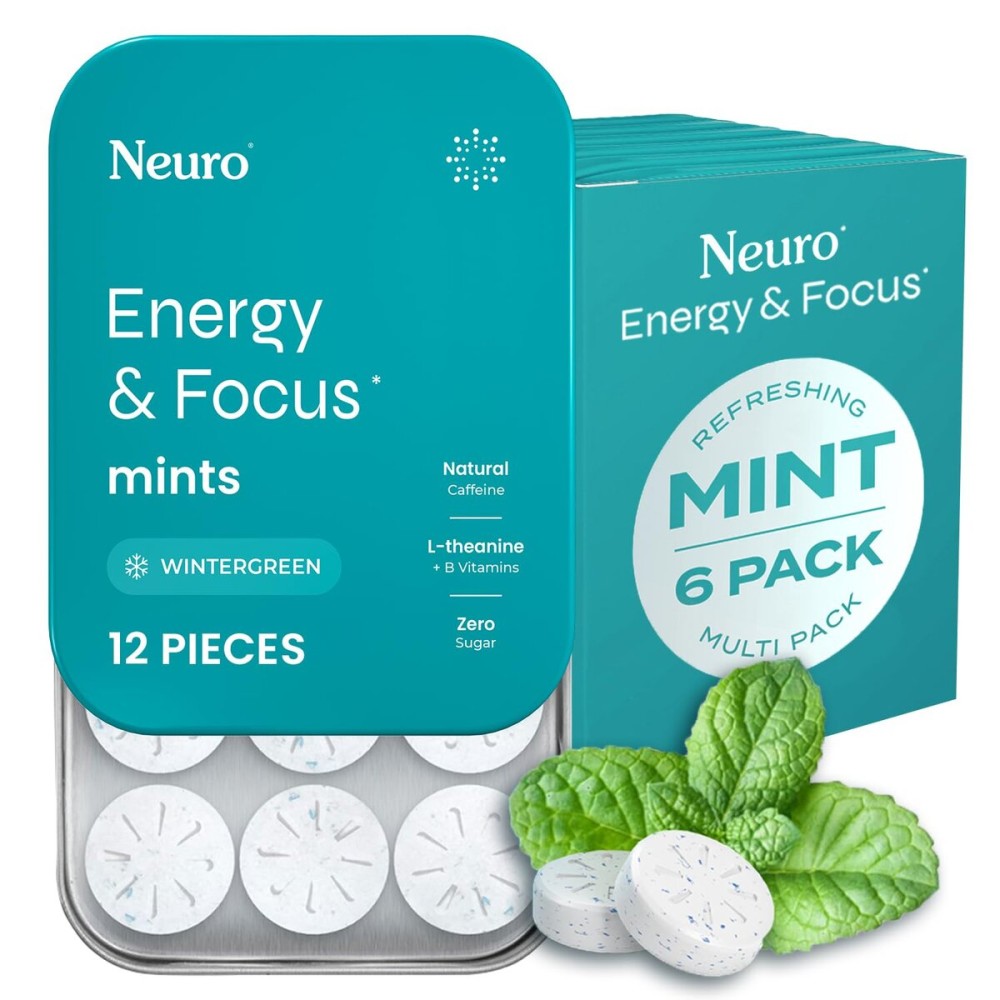 Neuro Energy & Focus Mints - Sugar Free Breath Mints with 80mg Natural Caffeine, B Vitamins & L-Theanine - Vegan Brain Supplement for Exercise, Study & Daily Focus - Wintergreen, 72 ct