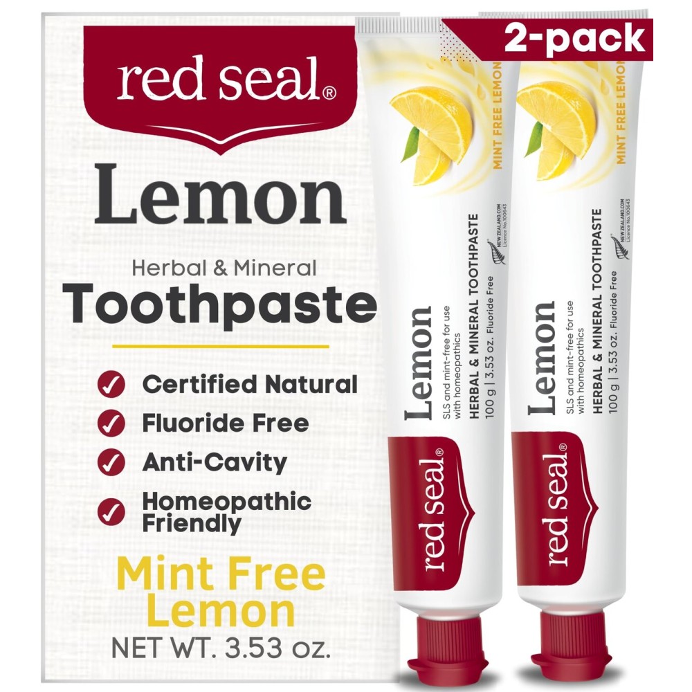 Red Seal Fluoride Free Lemon Toothpaste - Flavored Toothpaste with a Non Mint Taste - Vegan Friendly, Cruelty Free, No Artificial Colors or Flavors, NATRUE Certified Natural, SLS Free, 3.53 oz (2)