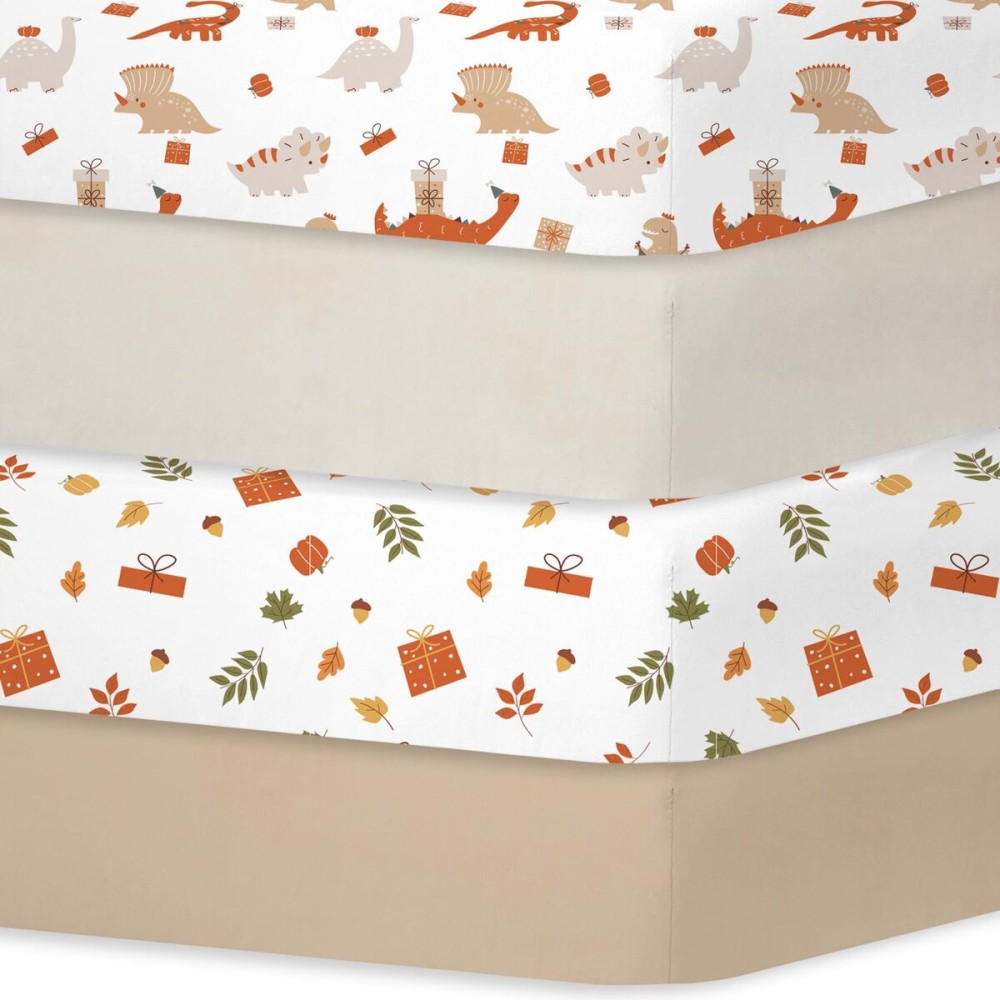 Bimocosy Crib Sheets 4 Pack, Baby Crib Sheets Fitted for Boys and Girls Breathable & Snug Fit, Soft Toddler Bed Sheets for Standard Crib Mattress Nursery Daycare Essentials, Autumn Dinos