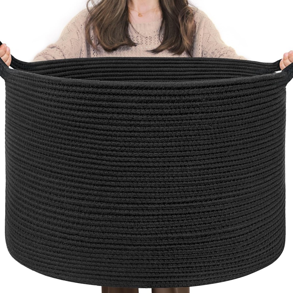 INDRESSME XXXLarge Blanket Basket 21.7 x 21.7 x 13.8 Woven Storage Baskets Soft Cotton Rope Toy Baskets Storage Kids Decorative Laundry for Home, Perfect for Living Room, Black