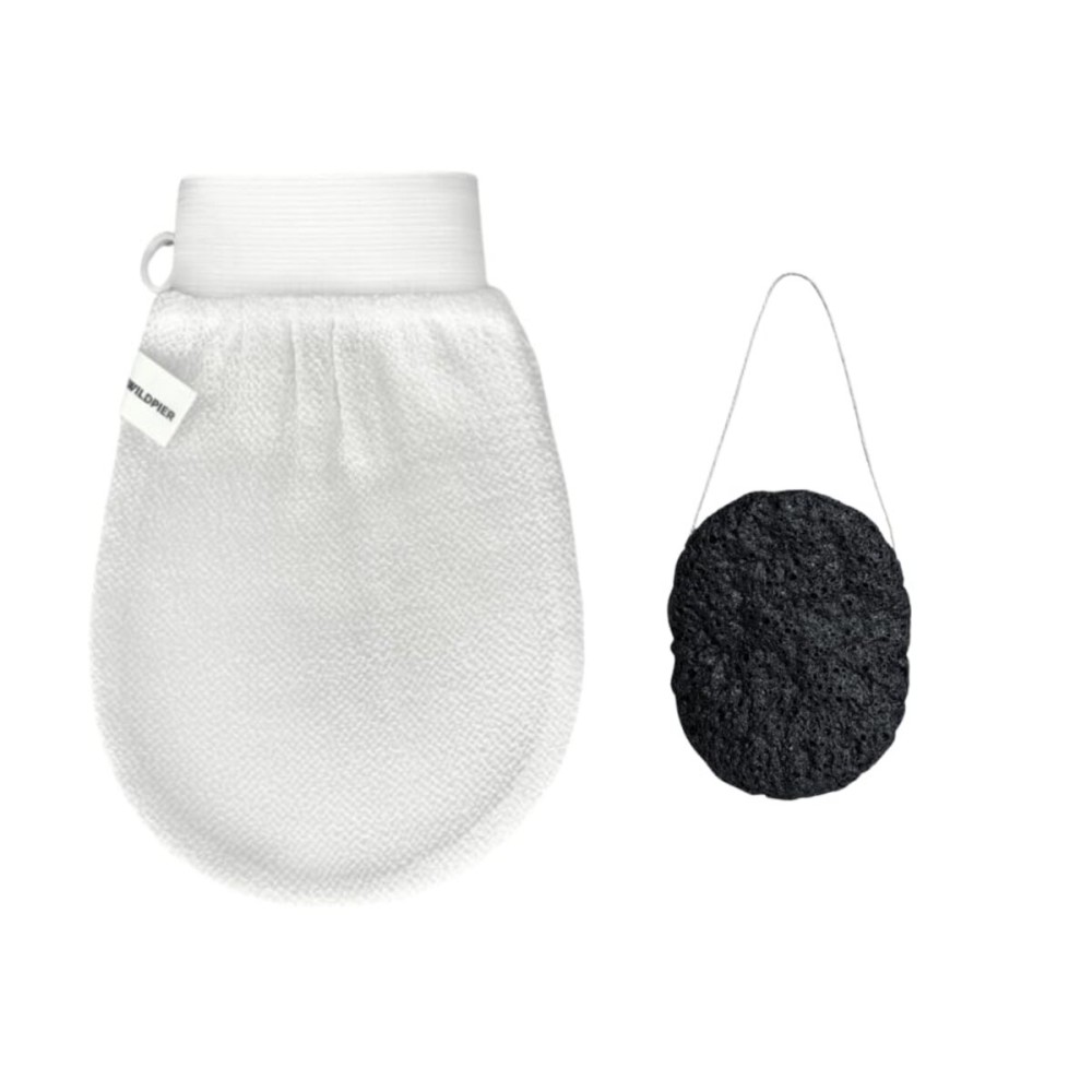 Wildpier Deep Exfoliating Glove and Bamboo Charcoal Konjac Sponge Bundle