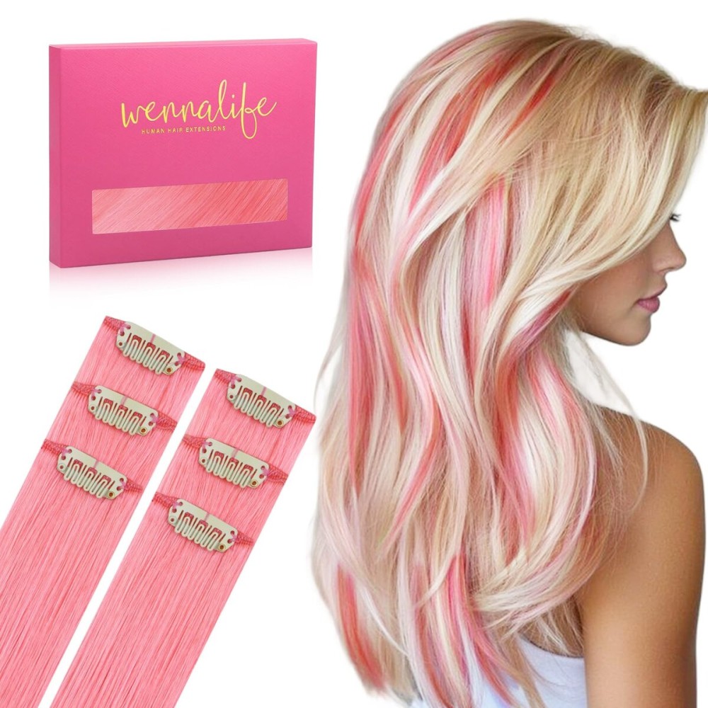 WENNALIFE Peach Pink Clip in Hair Extensions Real Human Hair 35g 6pcs 14 Inch Colored Hair Extensions for Kids Women Colorful Hair Pieces Pop-up Style Straight Extensiones De Cabello Humano Con Clip
