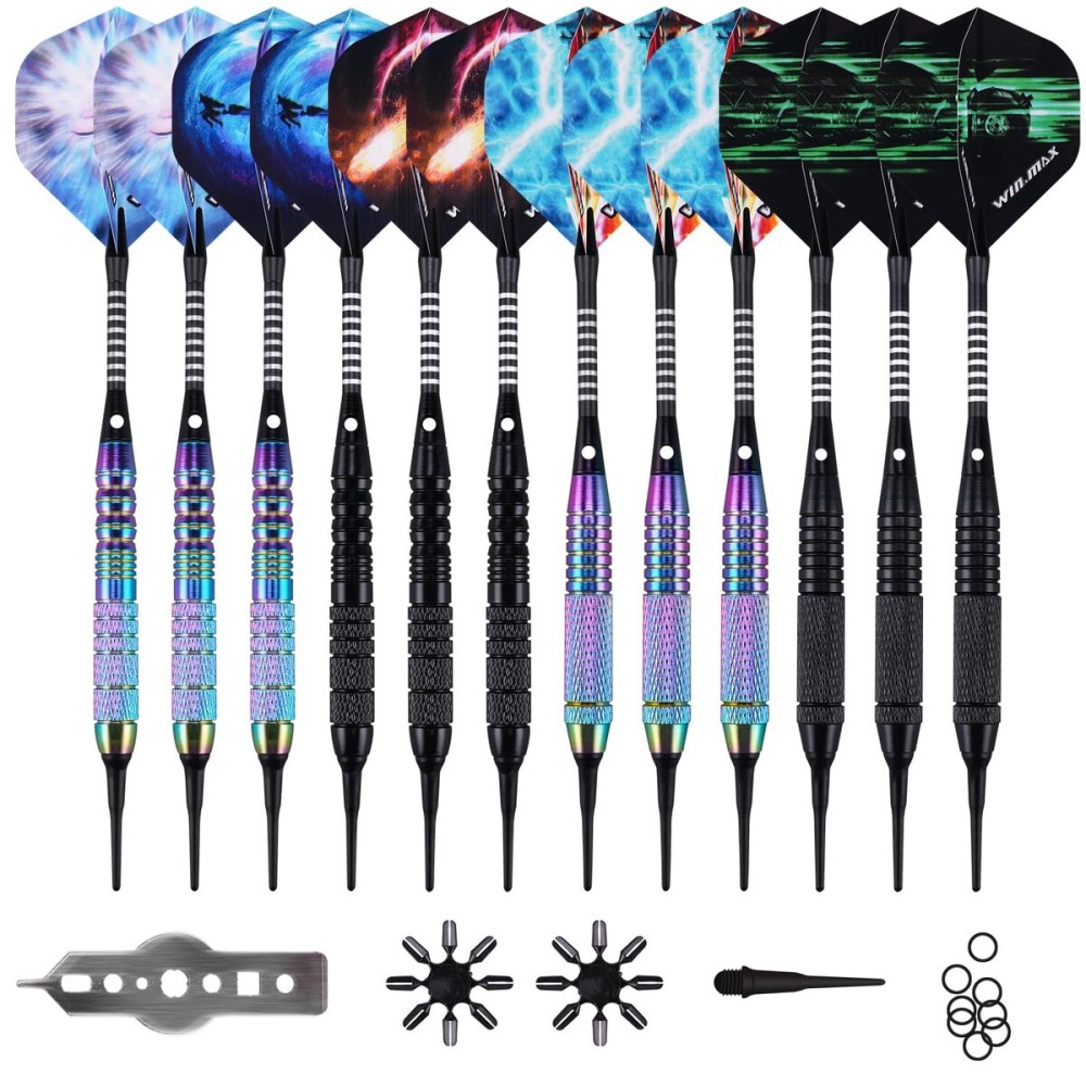 WIN.MAX Darts Plastic Tip - Soft Tip Darts Set - 12 Pcs 18 Gram with 100 Extra Dart Tips 12 Flights Flight Protectors and Wrench for Electronic Dart Board
