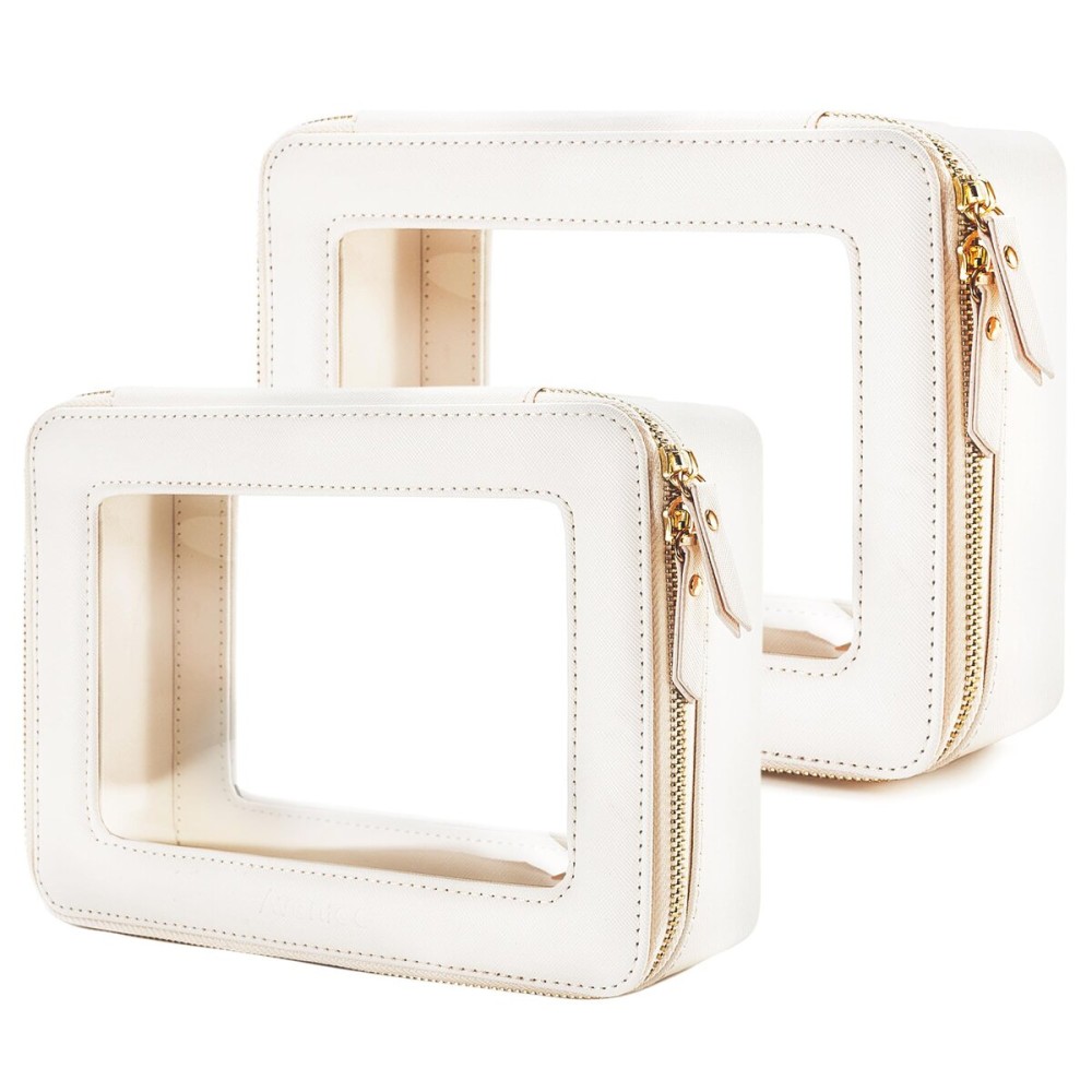 Aveniee Clear Makeup Bag Organizer Set,Portable Travel Toiletry Case for Women, Vegan Leather Cosmetic Pouch Car Bag for Essentials 2pcs,Middle & Large,Beige