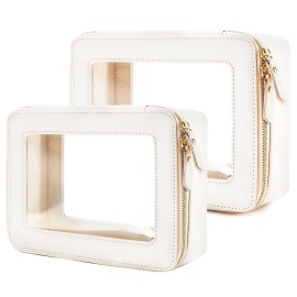 Aveniee Clear Makeup Bag Organizer Set,Portable Travel Toiletry Case for Women, Vegan Leather Cosmetic Pouch Car Bag for Essentials 2pcs,Middle & Large,Beige