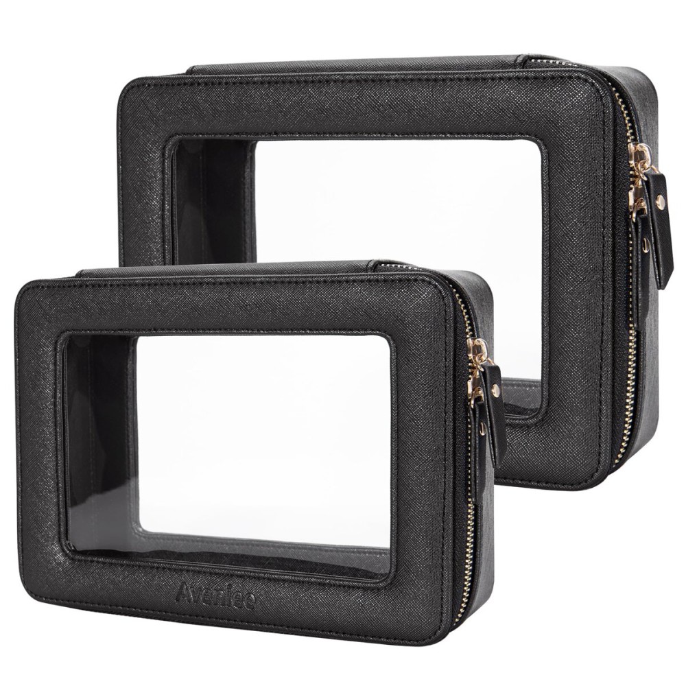 Aveniee Clear Makeup Bag Set,Portable Travel Toiletry Bag Cosmetic Case for Women,Vegan Leather Make Up Pouch Organizer Car Bag for Essentials 2pcs,Middle & Large,Black