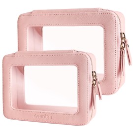 Aveniee Clear Makeup Bag Organizer Set,Portable Travel Toiletry Case for Women, Vegan Leather Cosmetic Pouch Car Bag for Essentials 2pcs,Middle & Large,Pink