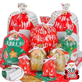 38pcs Christmas Gift Bags with Ribbon Ties, Christmas Bags for Gifts Assorted Sizes Small/Medium/Large Christmas Gift Bags, Holiday Christmas Wrapping Paper Reusable Plastic Santa Bag Wrapping Bags