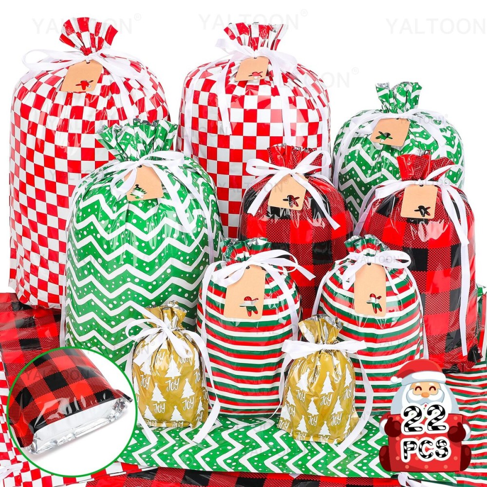 YALTOON Christmas Gift Bags, 22pcs Drawstring Christmas Bags for Gifts, Xmas Holiday Gift Bag Assorted Sizes-Large, Medium, Small, Present Bags for Gift Wrapping