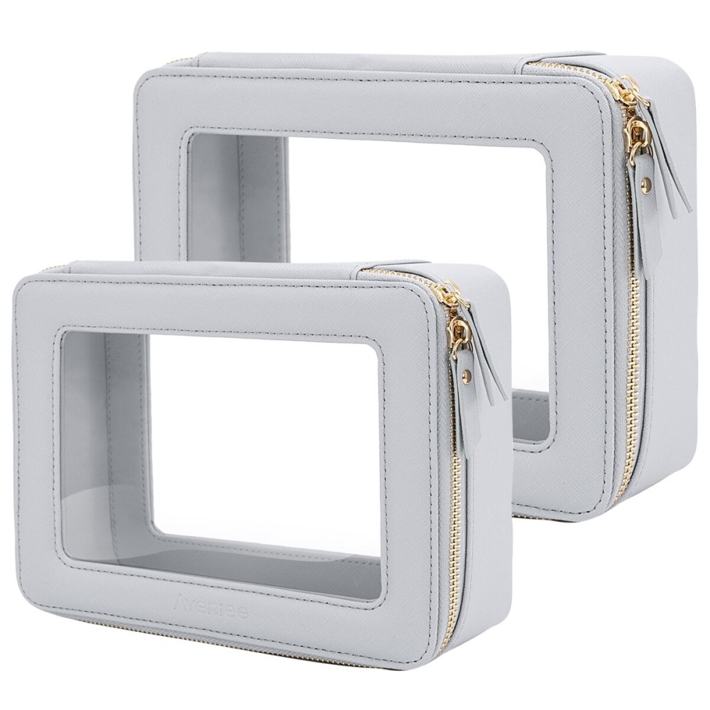 Aveniee Clear Makeup Bag Organizer Set,Portable Travel Toiletry Cosmetic Bag Case for Women,Vegan Leather Make Up Pouch Car Bag for Essentials,Middle+Large,Blue