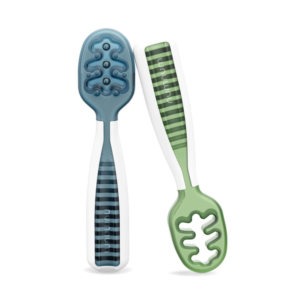 NumNum Baby Spoons Set, Baby Essentials Pre-Spoon GOOtensils for 6+ Months, First Stage Self-Feeding Spoons for Baby Led Weaning (BLW), Silicone Toddler Utensils, BPA-Free, 2 Pack Blue/Green