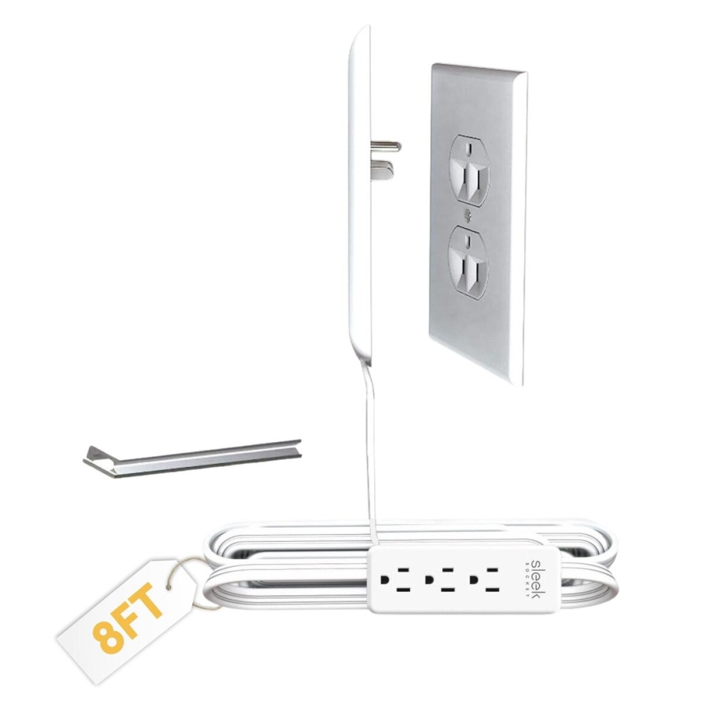 Sleek Socket No Shock Child Protector, Outlet & Plug Concealer for Inverted Outlets, Protective Cord Clips, 8-Foot Flat Extension Cord with Multiple Outlets, Baby Proofing from Chewing Dangerous Cords