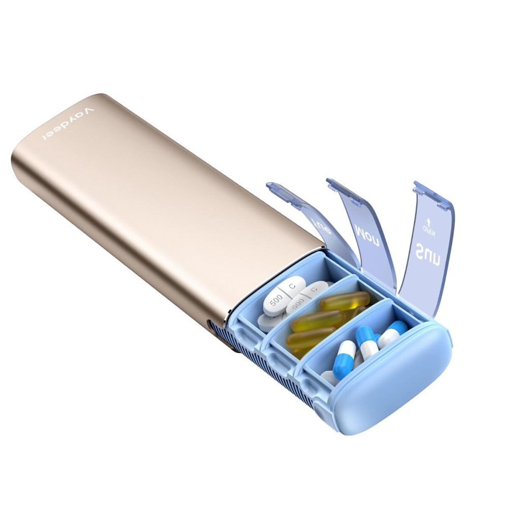 Vaydeer Metal Travel Pill Organizer - Compact Weekly Pill Box for Daily Medication - Portable Small Pill Case for Vitamins, Pills & Supplements (Champagne)