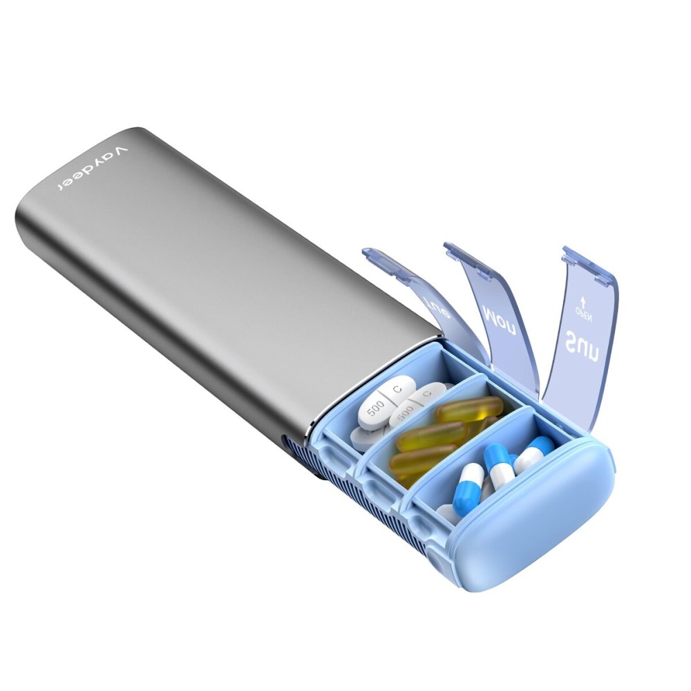 Vaydeer Metal Travel Pill Organizer, 7 Day Weekly Pill Box, Large Capacity Daily Cute Pill Case for Supplements, Pills, Vitamins and Medication (Small,Gray)