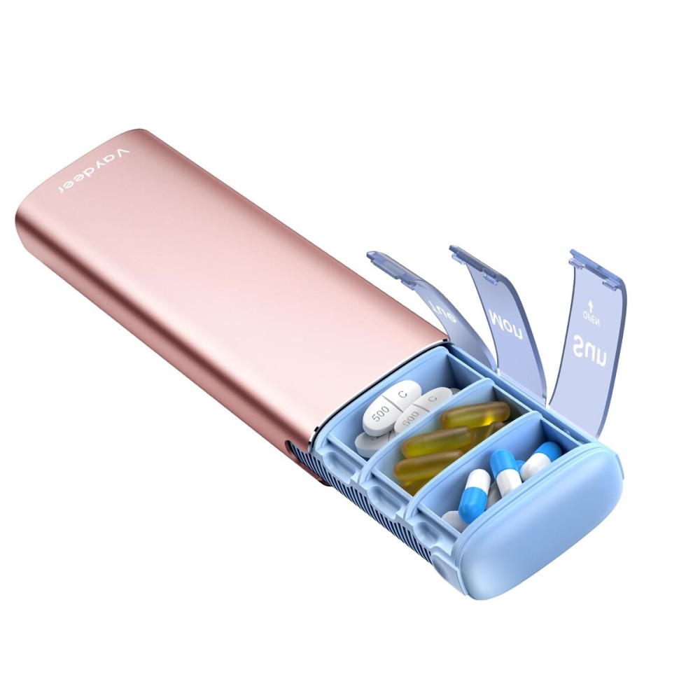 Vaydeer Metal Travel Pill Organizer - Compact Weekly Pill Box for Daily Medication - Portable Small Pill Case for Vitamins, Pills & Supplements (Rose Gold)