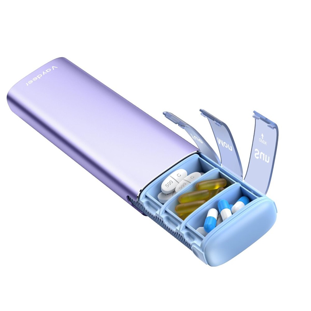 Vaydeer Metal Travel Pill Organizer - Compact Weekly Pill Box for Daily Medication - Portable Small Pill Case for Vitamins, Pills & Supplements (Purple)