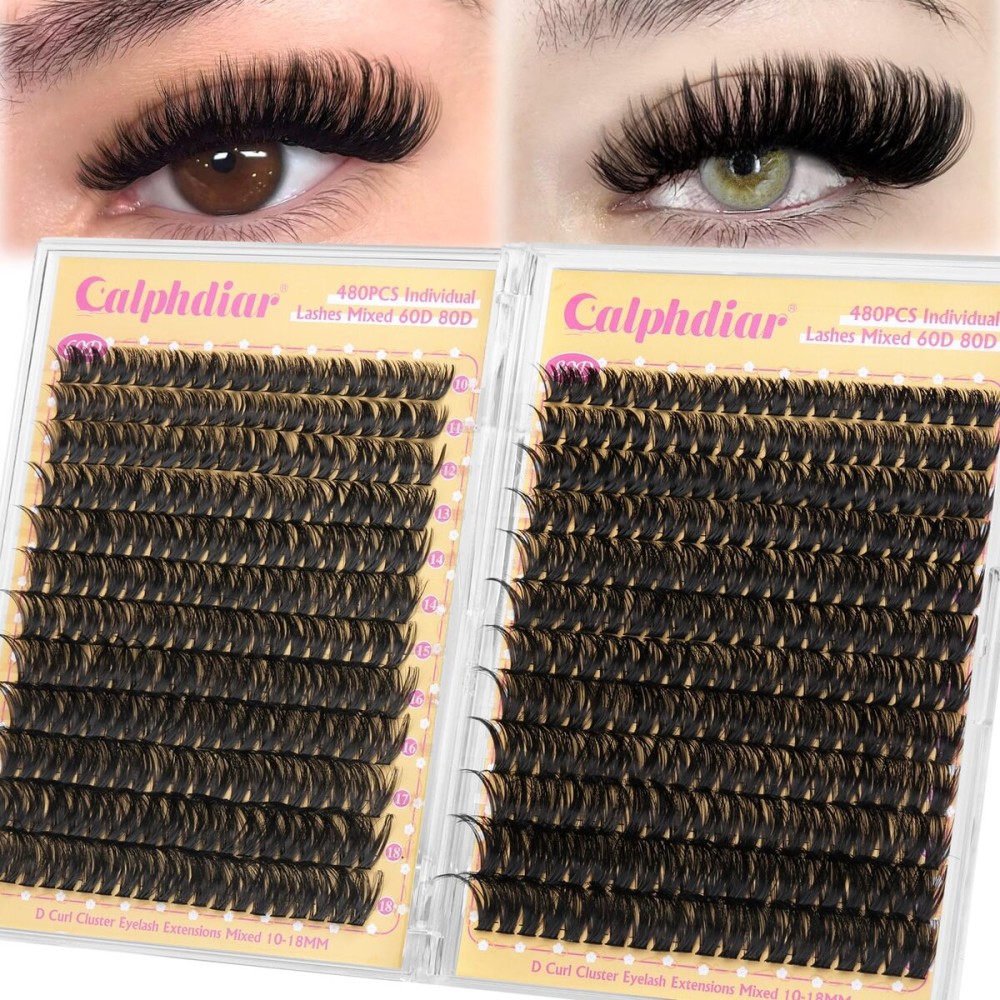 calphdiar Lashes Clusters 60D+80D Thick Eyelash Clusters 480PCS Wispy Lash Clusters Eyelash Extensions Fluff D-curly Individual Lashes 10-18mm DIY Volume Lash Extension at Home