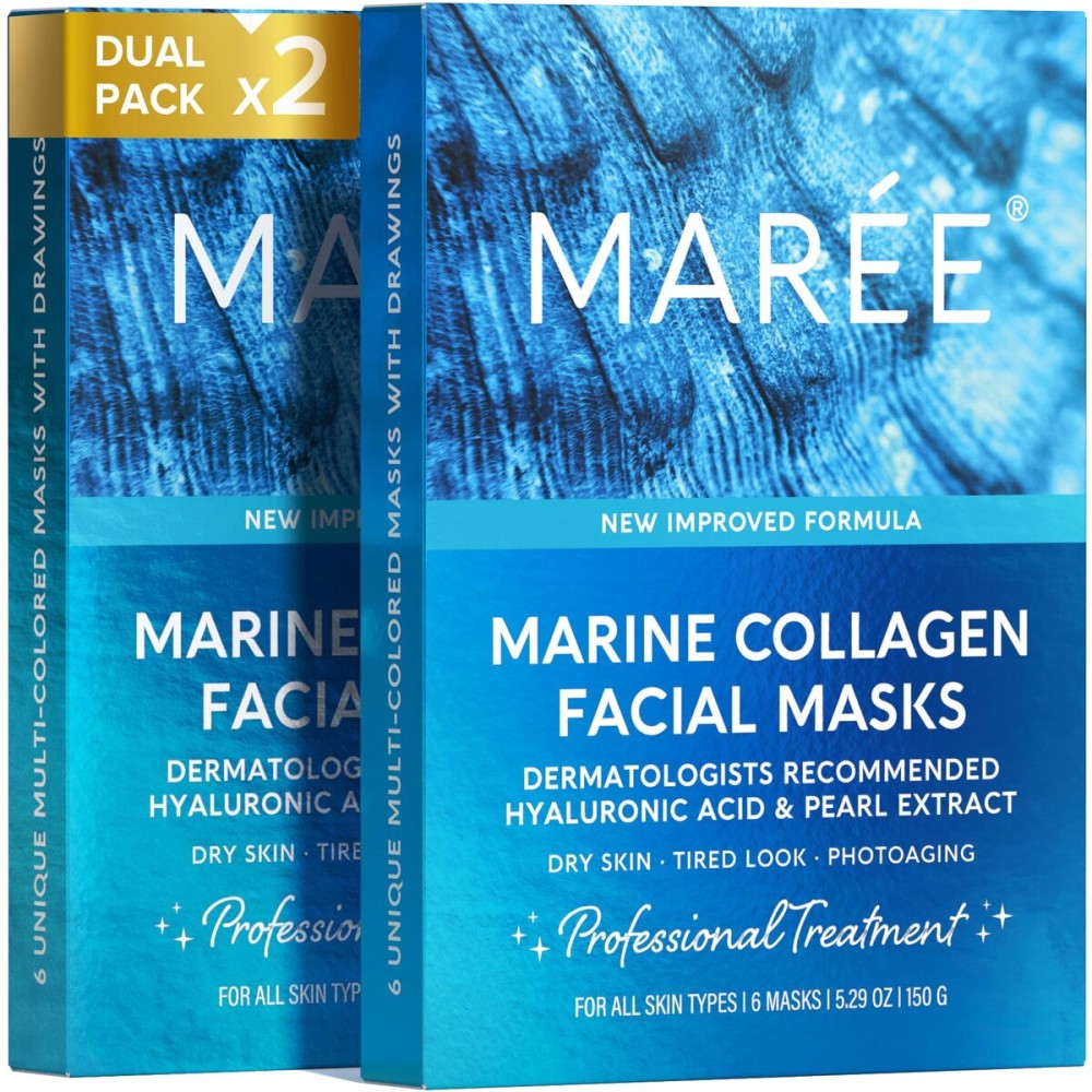 MAREE Collagen Facial Mask with Hyaluronic Acid - Sheet Face Mask Skincare - Centella Asiatica, Green & Red Algae Extract - Hydrating Facemask For Women Skin Care - Mascarillas Para La Cara - 12 Count