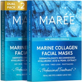 MAREE Collagen Facial Mask with Hyaluronic Acid - Sheet Face Mask Skincare - Centella Asiatica, Green & Red Algae Extract - Hydrating Facemask For Women Skin Care - Mascarillas Para La Cara - 12 Count