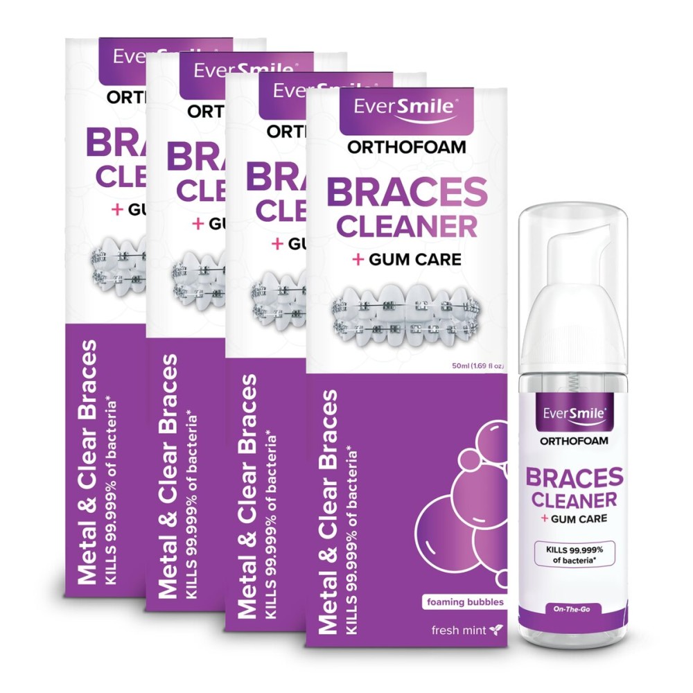 EverSmile OrthoFoam Braces Cleaner - Brushable Foam Whitens Teeth, Eliminates Bacteria, Fights Plaque and Bad Breath - Cleans Under Metal, Ceramic, Clear Brackets and Wires - 50ml (4 Pk)