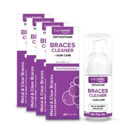 EverSmile OrthoFoam Braces Cleaner - Travel Size - Brushable Foam Whitens Teeth, Eliminates Bacteria, Fights Plaque and Bad Breath - Cleans Under Metal, Ceramic, Clear Brackets and Wires - 25ml(4 Pk)