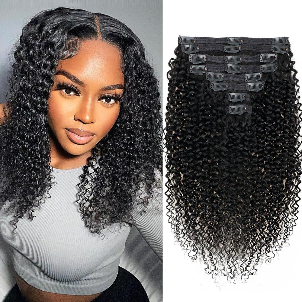 Kinky Curly Clip in Hair Extensions Real Human hair For Women Brazilian Virgin 3c 4a Curly Clip ins Human Hair Extensions (16inch,1B)