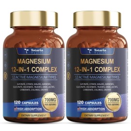 Magnesium Complex 700mg 12 in 1 Magnesium Supplement with Glycinate Citrate Malate Oxide Taurate Aspartate Orotate Magnesium Relaxation,Muscle,Heart Support, Vegan 120 Capsules 2PK