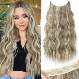 KooKaStyle Invisible Wire Hair Extensions with Transparent Wire Adjustable Size 4 Secure Clips Long Wavy Secret Hairpiece (20Inch, Medium Brown to Bleach Blonde)