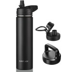 RUBYFLASK 24oz Insulated Water Bottle with Straw, Stainless Steel Metal Vacuum Water Flask, Large Thermal Water bottle with Leakproof 3 Lids for Travel, Camping, Gym Sports Black